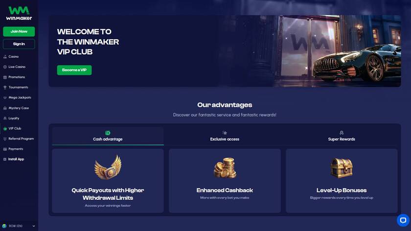Screenshot della pagina VIP di Winmaker Casino 