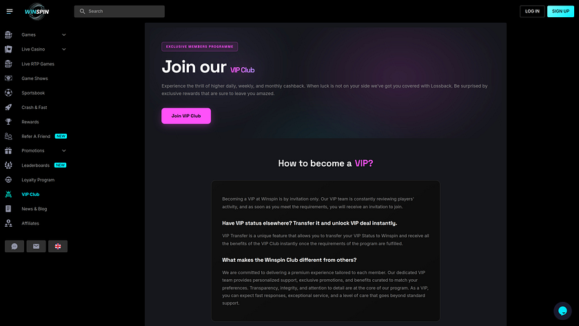 Screenshot della pagina VIP del casinò WinSpin