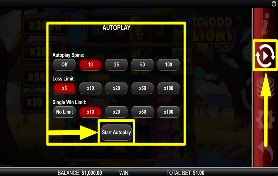 10000 Lions 10K ИСПОЛЬЗУЙТЕ ФУНКЦИЮ АВТОВОСПРОИЗВЕДЕНИЯ.