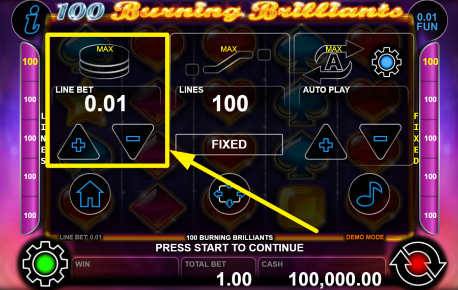 100 Burning Brilliants AJUSTE EL IMPORTE DE LA APUESTA DE LA LÍNEA.