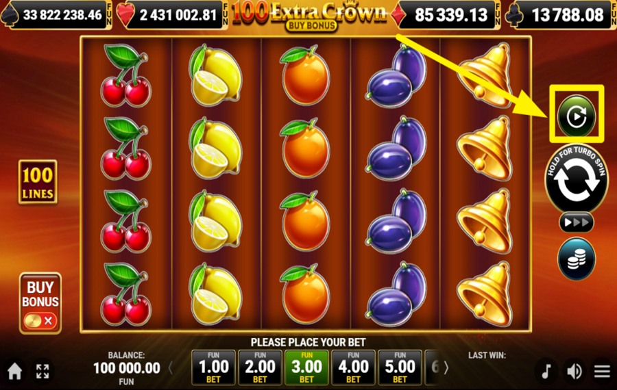 100 Extra Crown Buy Bonus ЗАПУСТИТЕ АВТОМАТИЧЕСКИЕ ВРАЩЕНИЯ.