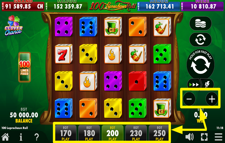 100 Leprechaun Roll Clover Chance 賭け金を指定してください。