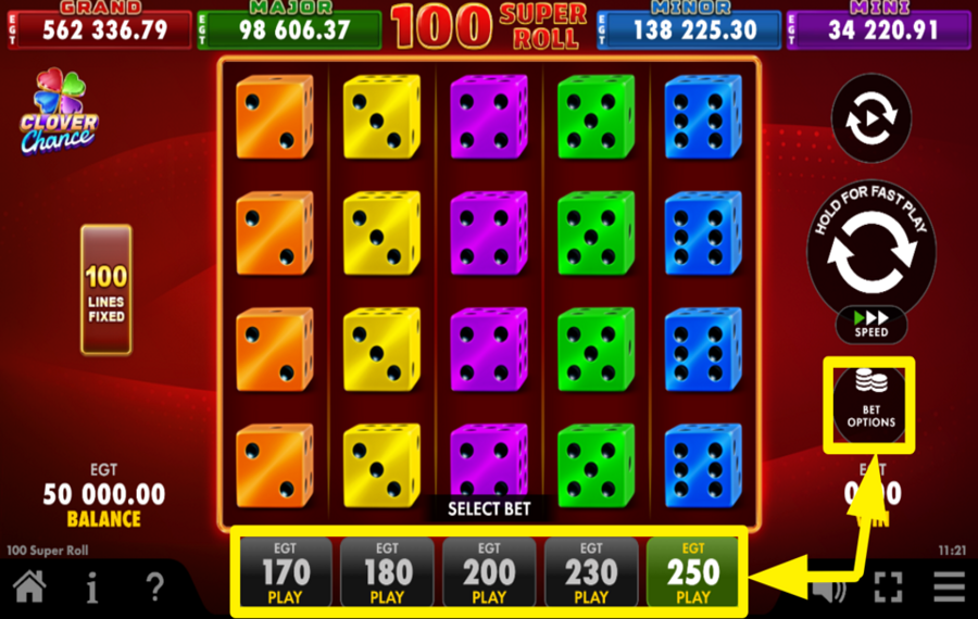 100 Super Roll Clover Chance ASSEGNARE UN VALORE DI SCOMMESSA.