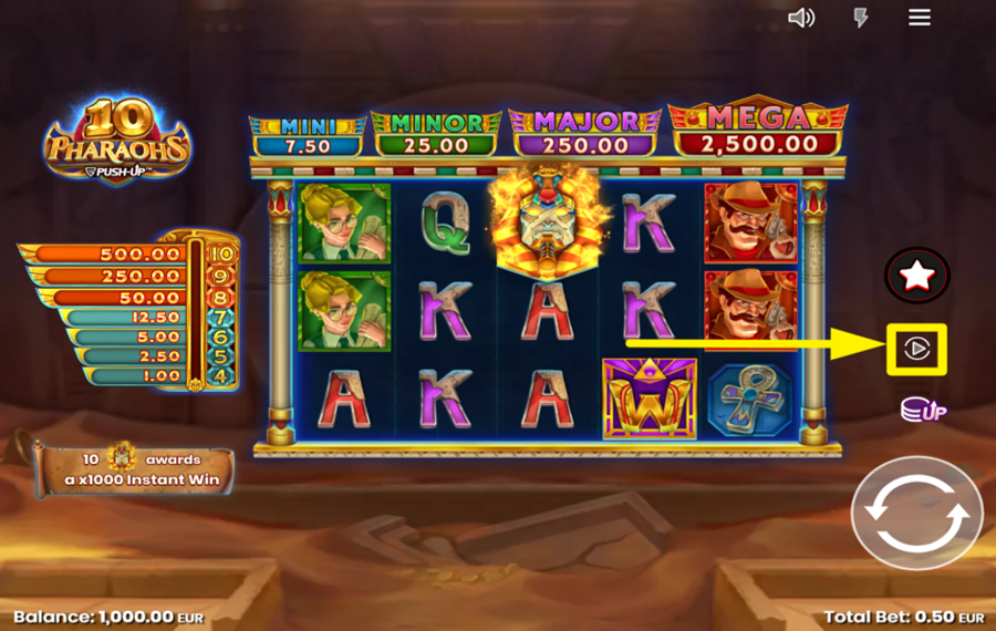 10 Pharaohs SPIN THE REELS AUTOMATICALLY.