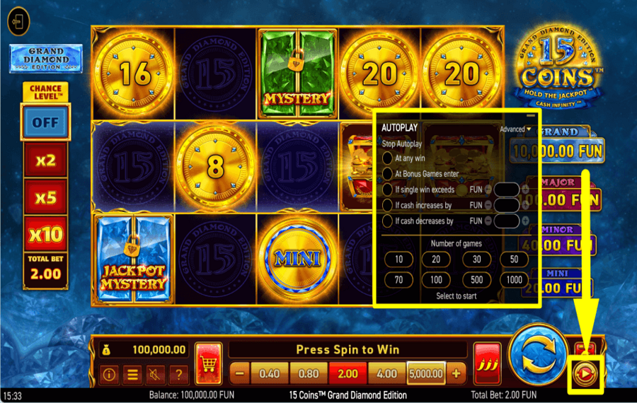 15 Coins Grand Diamond Edition ПРИМЕНИТЬ АВТОВОСПРОИЗВЕДЕНИЕ.