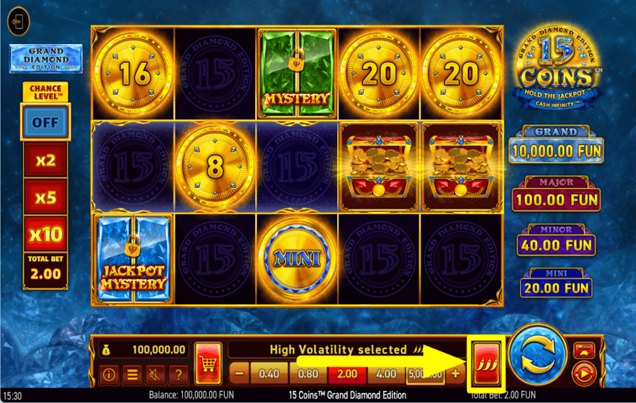 15 Coins Grand Diamond Edition РЕГУЛИРУЙТЕ ВОЛАТИЛЬНОСТЬ.