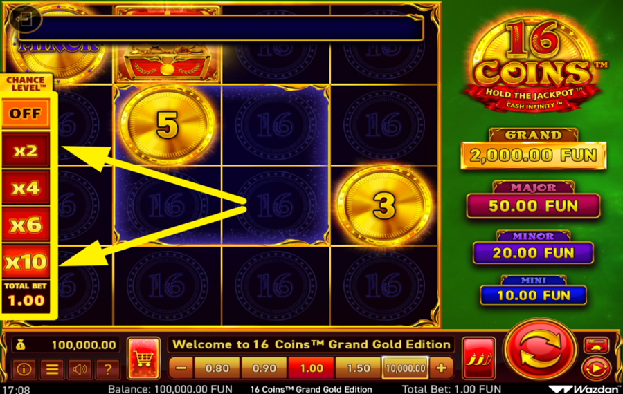 16 Coins Grand Gold Edition REGOLA IL LIVELLO DI PROBABILITÀ.