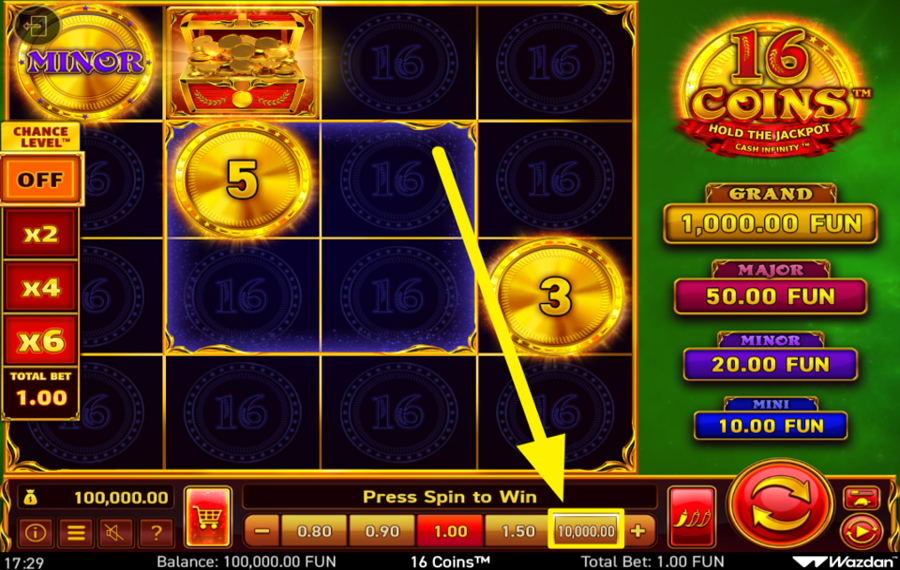 16 Coins Legen Sie das höchste Einsatzlimit fest.