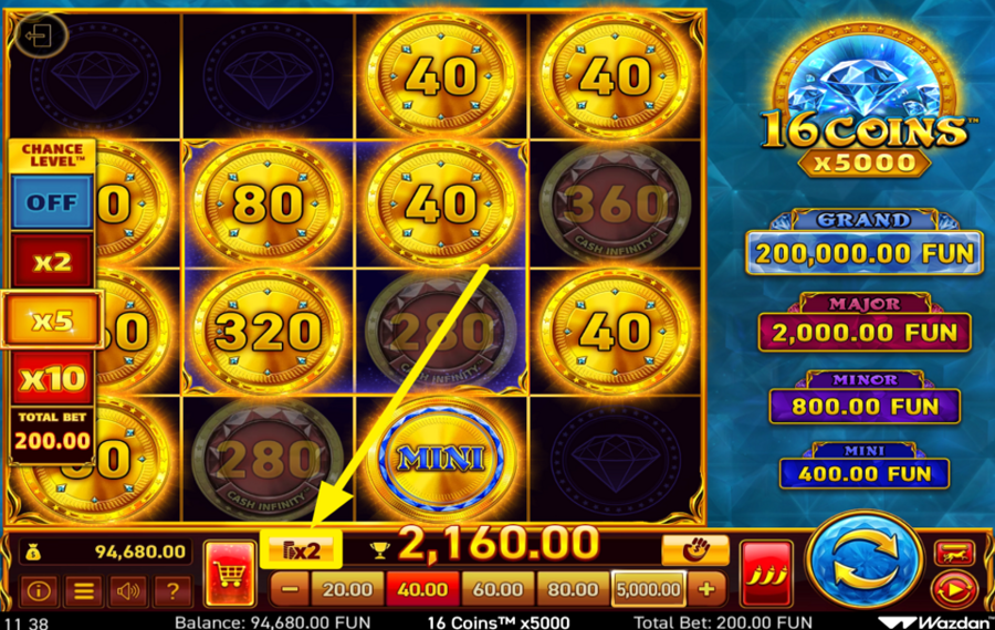 16 Coins x5000 Setzen Sie Ihren Gewinn aufs Spiel.