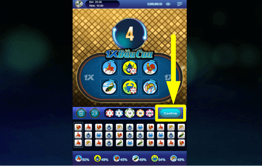 1XBau Cua CONFIRMAR LA APUESTA.