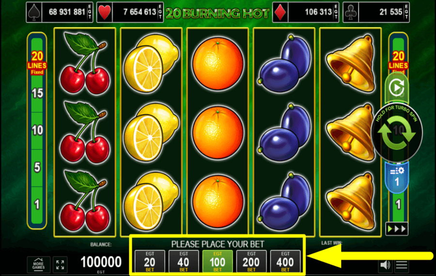 20 Burning Hot SÉLECTIONNEZ LE MONTANT DU PARI.