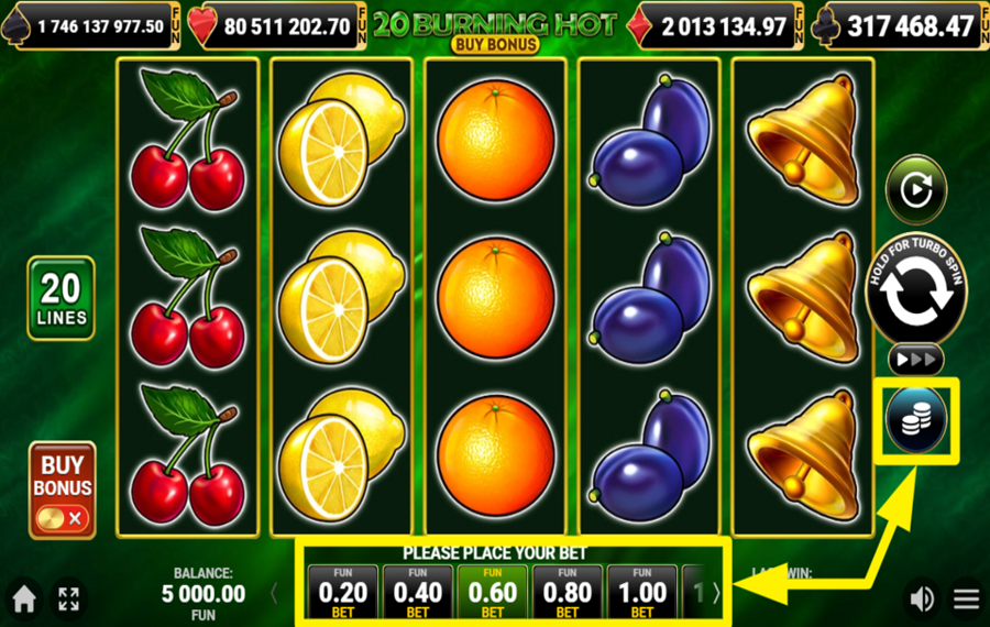 20 Burning Hot Buy Bonus DÉTERMINER LE MONTANT DE LA MISE.