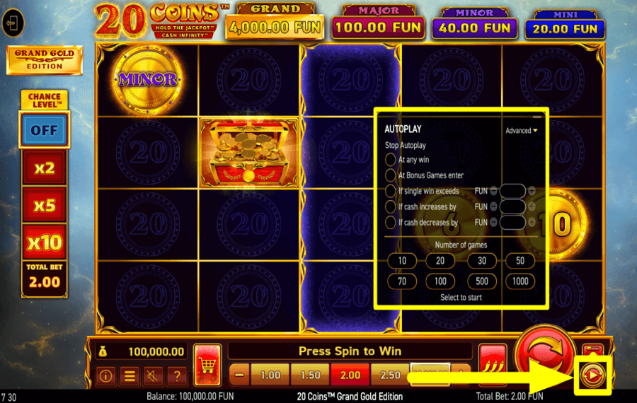 20 Coins Grand Gold Edition APPLICA RIPRODUZIONE AUTOMATICA.