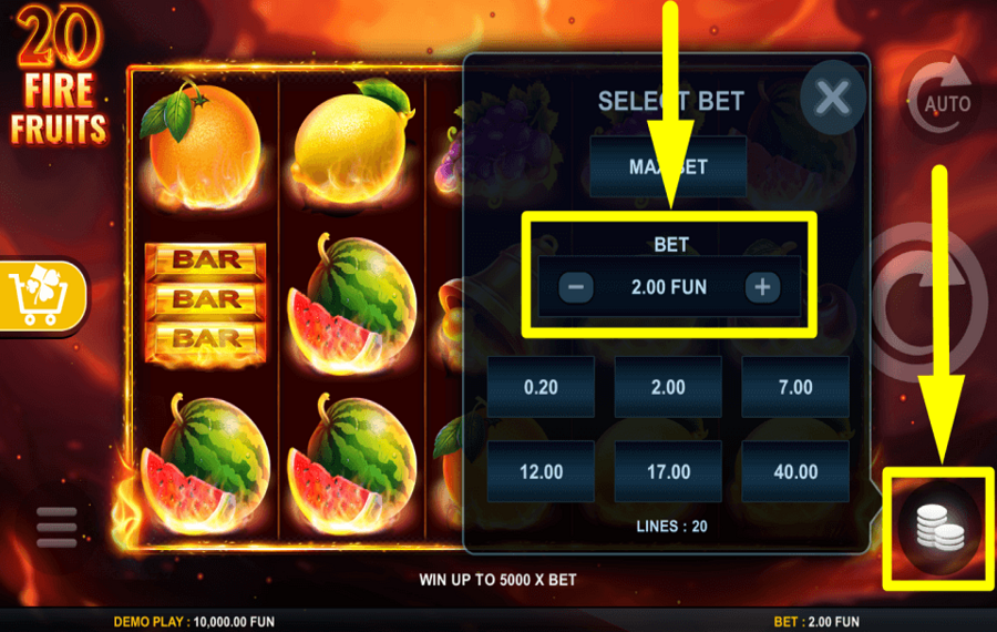 20 Fire Fruits SELECT YOUR WAGER.