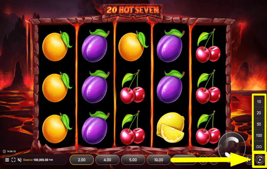 20 Hot Seven ATTIVARE I GIRI AUTOMATICI.