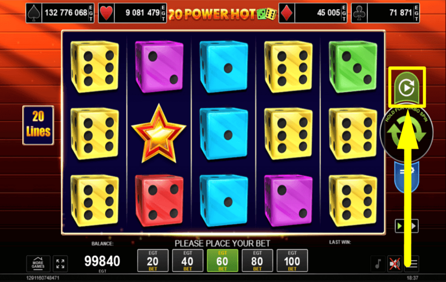 20 Power Hot Dice INICIAR GIROS AUTOMÁTICOS.