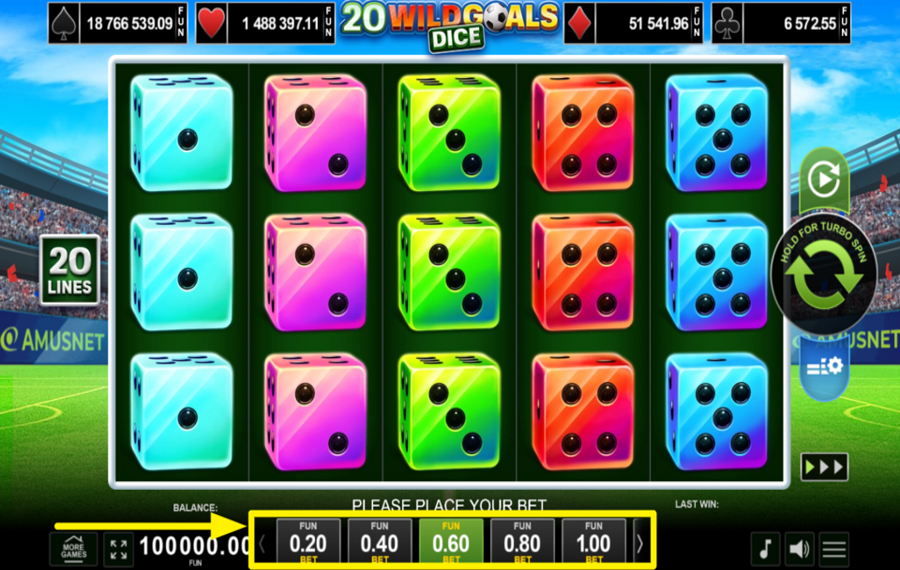 20 Wild Goals Dice SCEGLI L'IMPORTO DELLA TUA SCOMMESSA.
