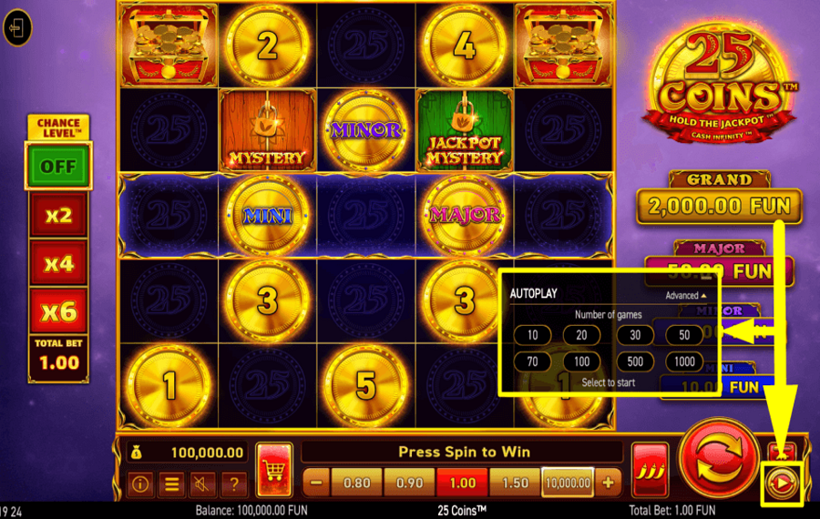 25 Coins USE THE AUTOPLAY FEATURE.