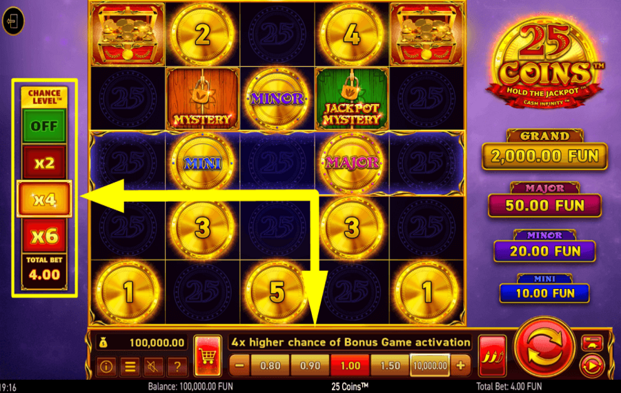 25 Coins INCREASE BONUS CHANCES.