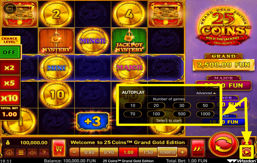 25 Coins Grand Gold Edition SPIN THE REELS AUTOMATICALLY.