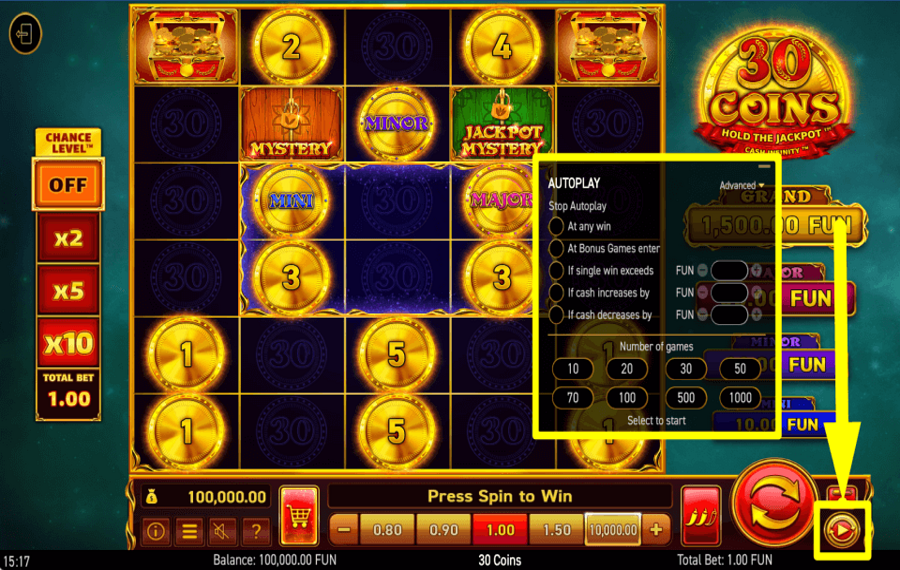 30 Coins USE AUTOMATIC SPINS.