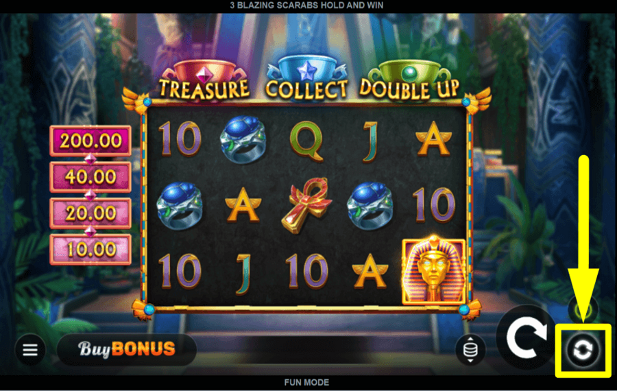 3 Blazing Scarabs Hold and Win РАССМОТРИТЕ ФУНКЦИЮ АВТОВОСПРОИЗВЕДЕНИЯ.