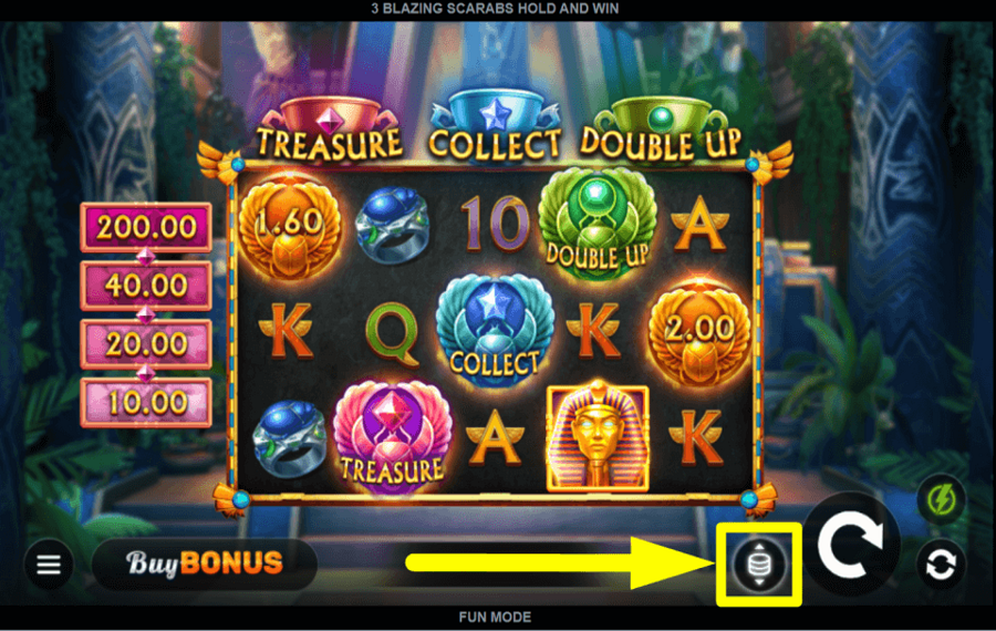 3 Blazing Scarabs Hold and Win ВЫБЕРИТЕ СВОЮ СТАВКУ.