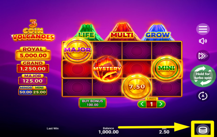 3 Coin Volcanoes ATTRIBUER UNE VALEUR DE PARI TOTALE.