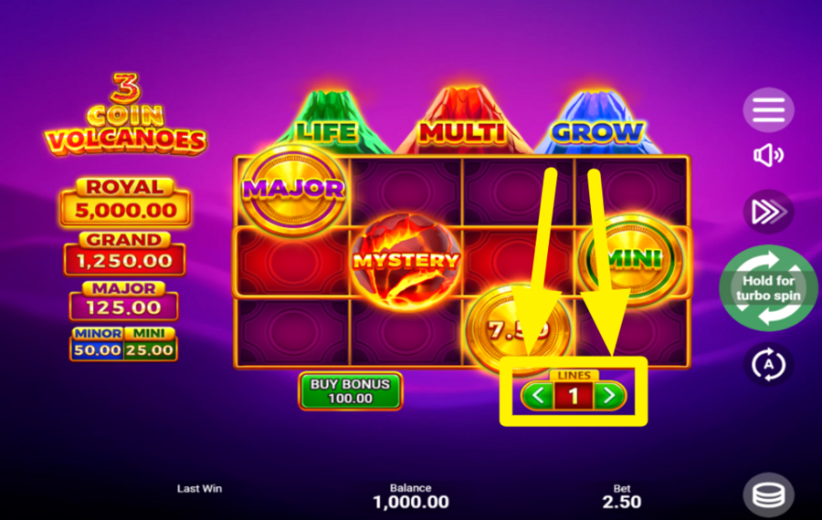 3 Coin Volcanoes AJUSTER LES LIGNES DE PARI.