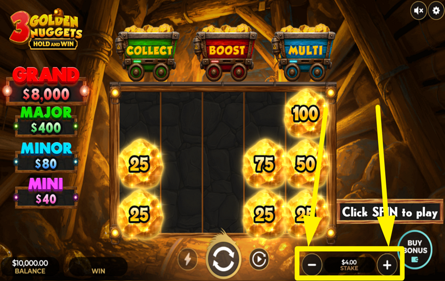 3 Golden Nuggets Hold and Win FESTLEGE DEINEN EINSATZBETRAG.