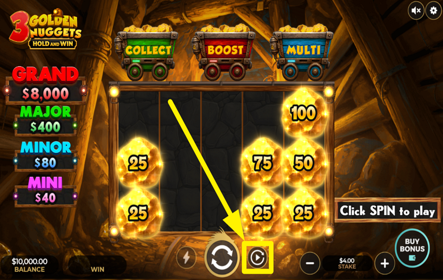 3 Golden Nuggets Hold and Win AUTOMATISCHE SPINS VERWENDEN.