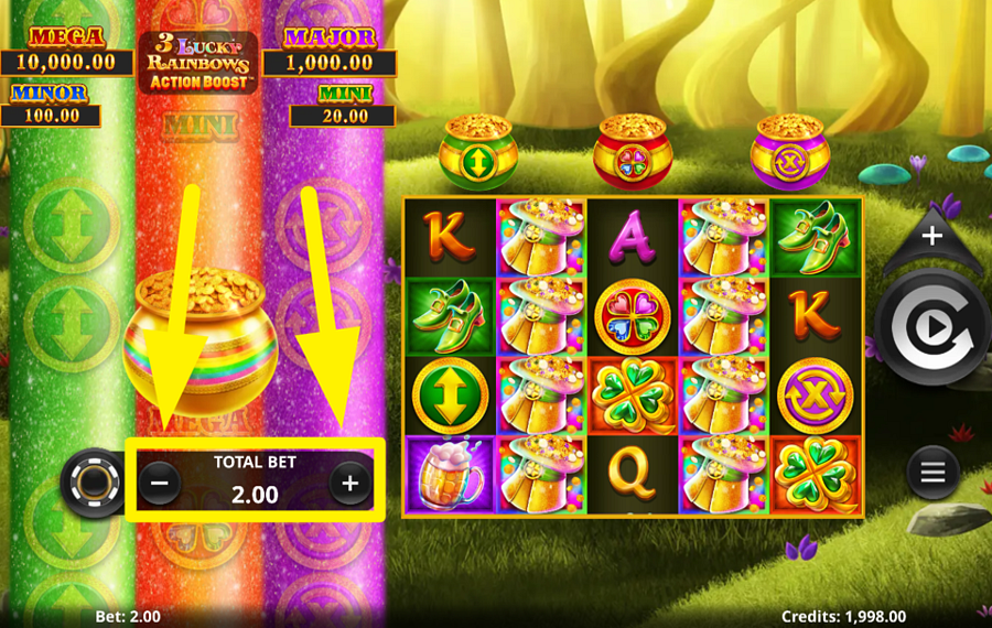 3 Lucky Rainbows Action Boost SELEZIONA L'IMPORTO DELLA PUNTATA.