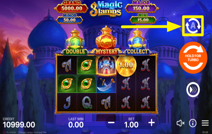 3 Magic Lamps Hold and Win HABILITAR LA REPRODUCCIÓN AUTOMÁTICA.