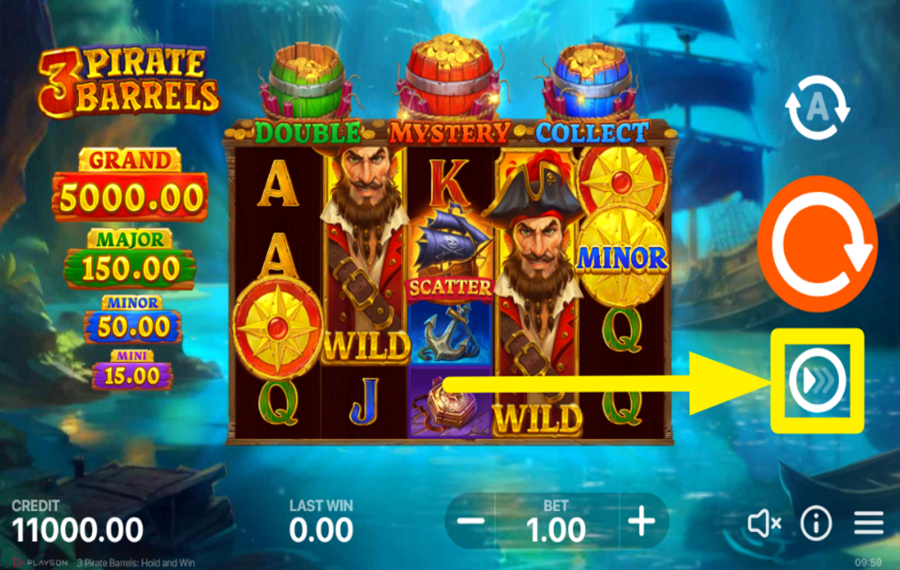 3 Pirate Barrels Hold and Win CHANGE THE SPEED.