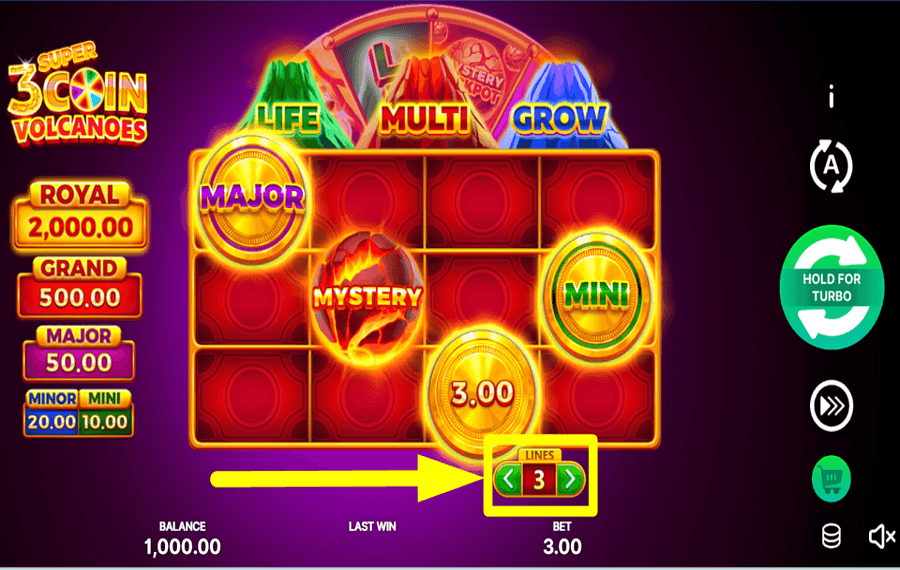 3 Super Coin Volcanoes AJUSTE AS LINHAS DE PAGAMENTO.
