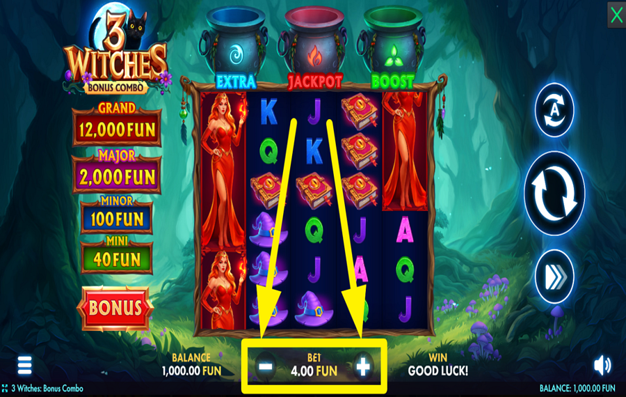 3 Witches Bonus Combo 合計賭け金を調整してください。