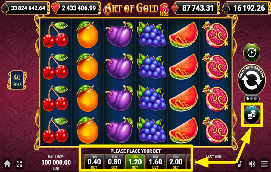 40 Art of Gold 6 Reels ATTRIBUER UNE VALEUR DE PARI.