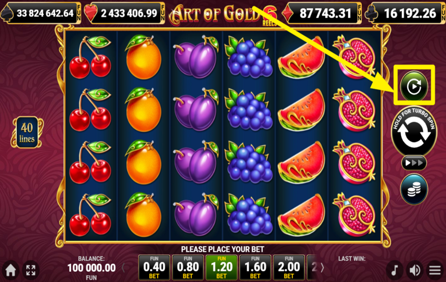 40 Art of Gold 6 Reels FAITES TOURNER LES ROULEAUX AUTOMATIQUEMENT.