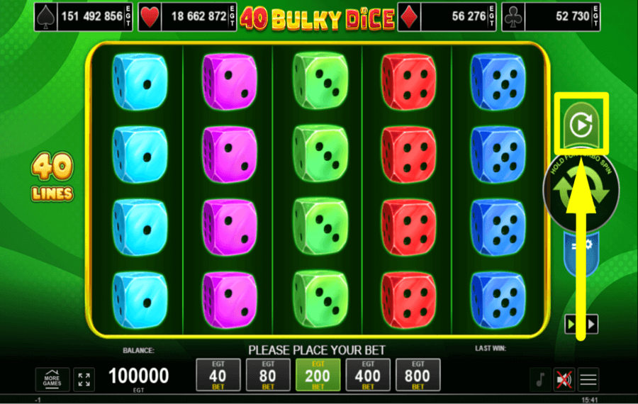 40 Bulky Dice START AUTOMATIC SPINS.