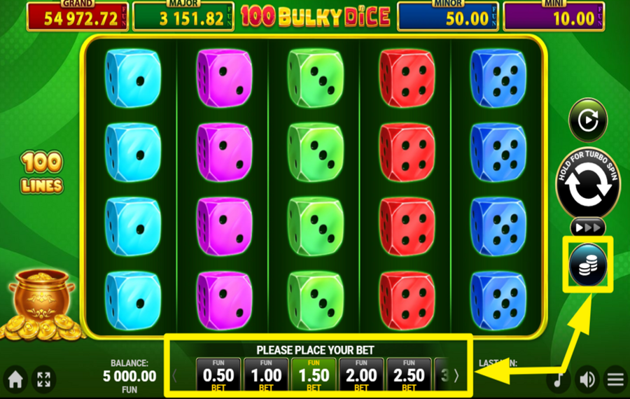 40 Bulky Dice Golden Coins Link SELECT YOUR BET AMOUNT.