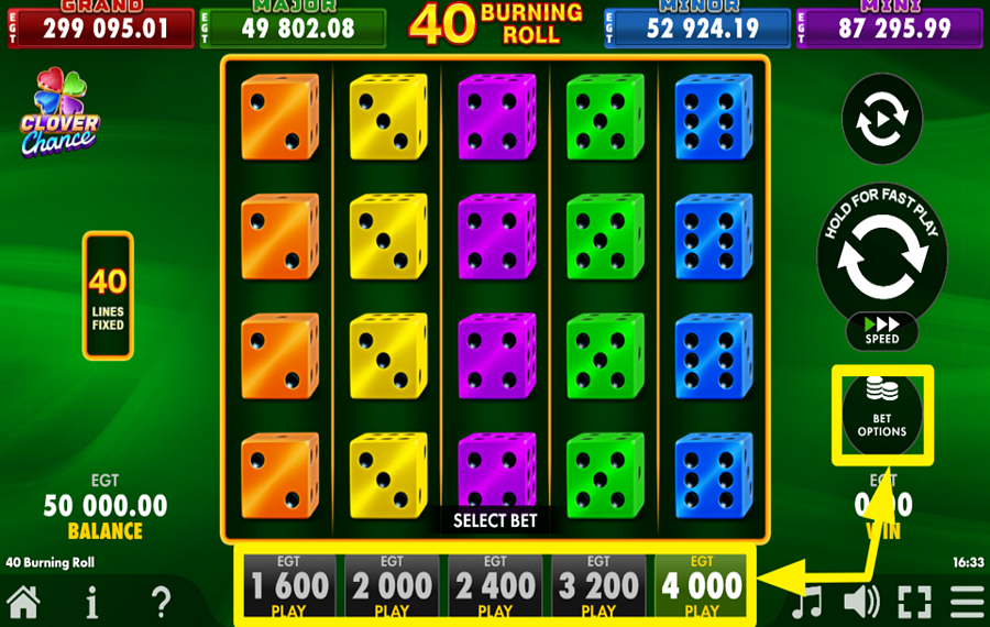 40 Burning Roll Dice Clover Chance SPECIFY YOUR WAGER.
