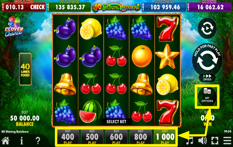 40 Shining Rainbow Clover Chance DETERMINE THE BET AMOUNT.
