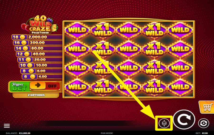 40 Wild Craze PrizeTower SELECCIONE SU APUESTA.