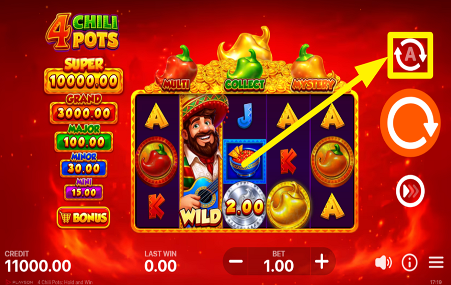 4 Chili Pots Hold and Win AVVIA LA ROTAZIONE AUTOMATICA.