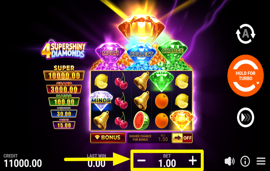 4 Supershiny Diamonds Hold and Win SCEGLI L'IMPORTO DELLA SCOMMESSA.