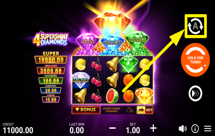 4 Supershiny Diamonds Hold and Win UTILIZZA LA FUNZIONE DI RIPRODUZIONE AUTOMATICA.