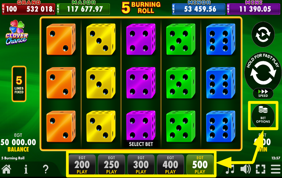 5 Burning Roll Dice Clover Chance SPECIFY YOUR WAGER.