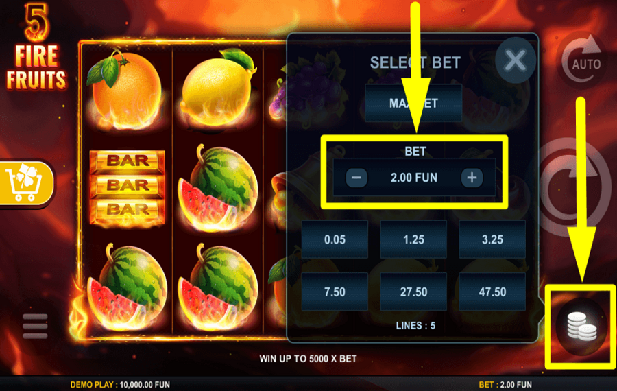5 Fire Fruits ADJUST THE WAGER.