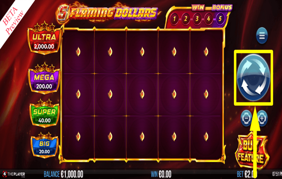 5 Flaming Dollars TEST YOUR LUCK.