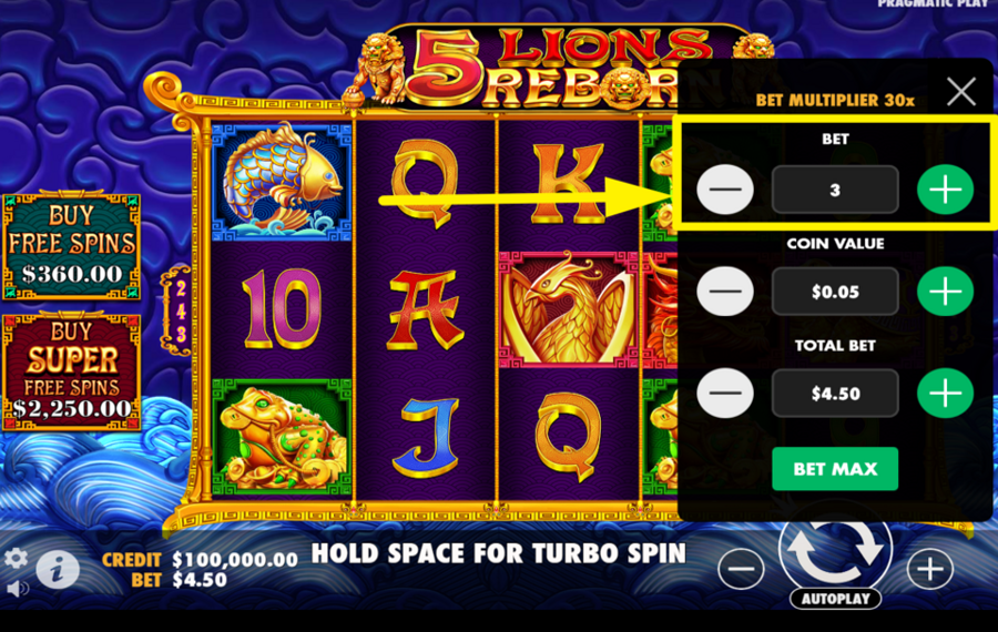 5 Lions Reborn KONFIGURIEREN SIE DIE EINSATZSTUFE.